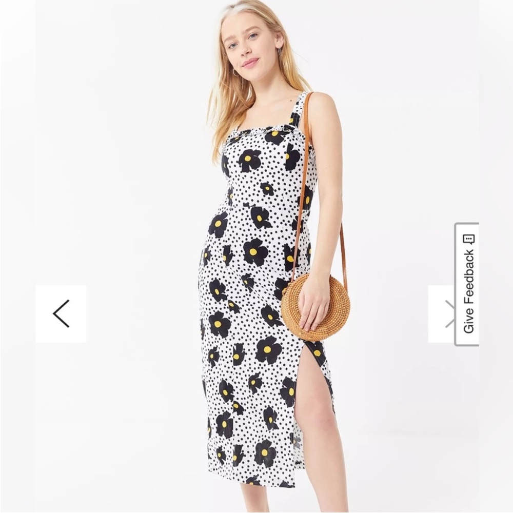 UO Remy Linen Ruffle Square Neck Midi Dress - Picture 2 of 4